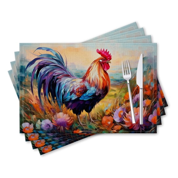 BaHomeck placemats Set of 4 rectangle Linen Cotton Placemats for Dining Table Washable Heat Resistant,18*12inch,Rooster In The Field With Colorful Flowers