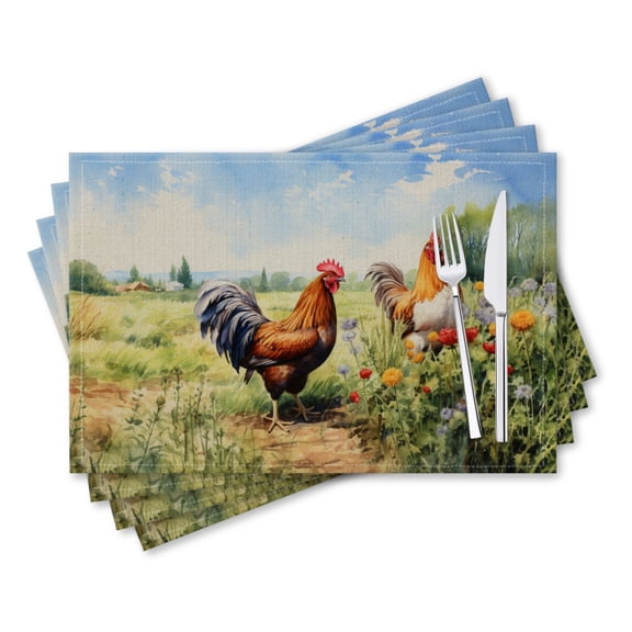 BaHomeck placemats Set of 4 rectangle Linen Cotton Placemats for Dining Table Washable Heat Resistant,18*12inch,Roosters In Field With Flowers On Sunny Day