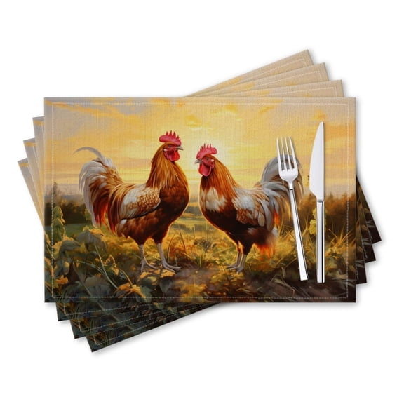 BaHomeck placemats Set of 4 rectangle Linen Cotton Placemats for Dining Table Washable Heat Resistant,18*12inch,Roosters In The Morning Sun With Beautiful Field