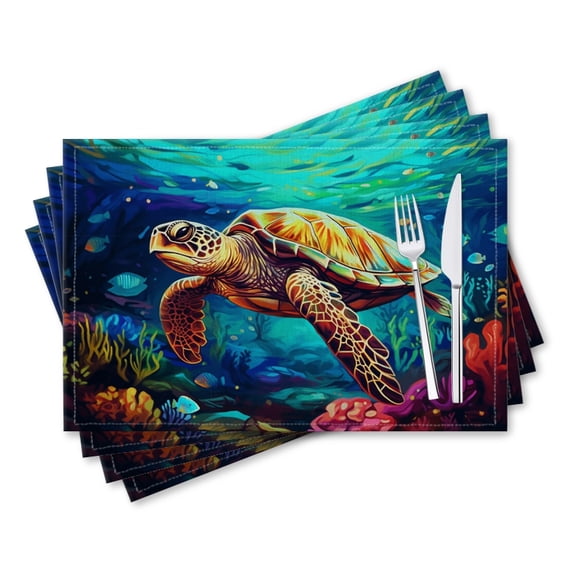 BaHomeck placemats Set of 4 rectangle Linen Cotton Placemats for Dining Table Washable Heat Resistant,18*12inch,Sea Turtle Swimming In The Ocean On Colorful Coral Reef Background