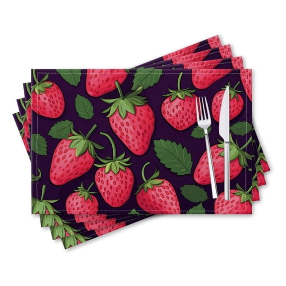 BaHomeck placemats Set of 4 rectangle Linen Cotton Placemats for Dining Table Washable Heat Resistant,18*12inch,Seamless Pattern Of Strawberries With Green Leaves