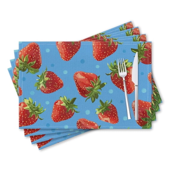 BaHomeck placemats Set of 4 rectangle Linen Cotton Placemats for Dining Table Washable Heat Resistant,18*12inch,Seamless Pattern Of Vibrant Red Strawberries On Blue Background