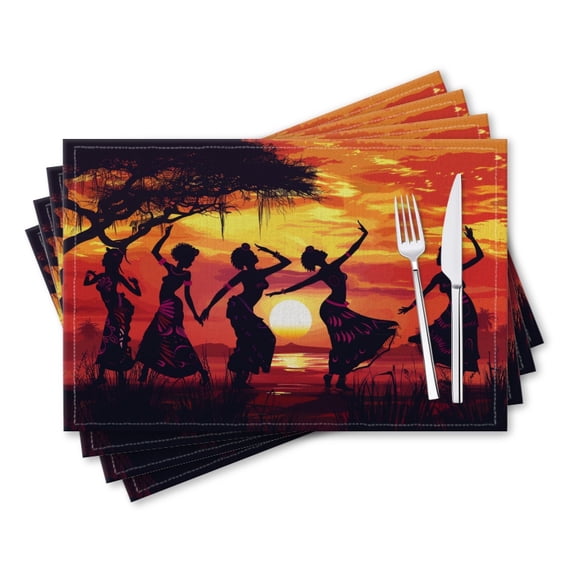 BaHomeck placemats Set of 4 rectangle Linen Cotton Placemats for Dining Table Washable Heat Resistant,18*12inch,Silhouette Of Women Dancing Traditional African Dance