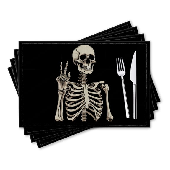 BaHomeck placemats Set of 4 rectangle Linen Cotton Placemats for Dining Table Washable Heat Resistant,18*12inch,Skeletal Figure Making The Peace Sign With Hand