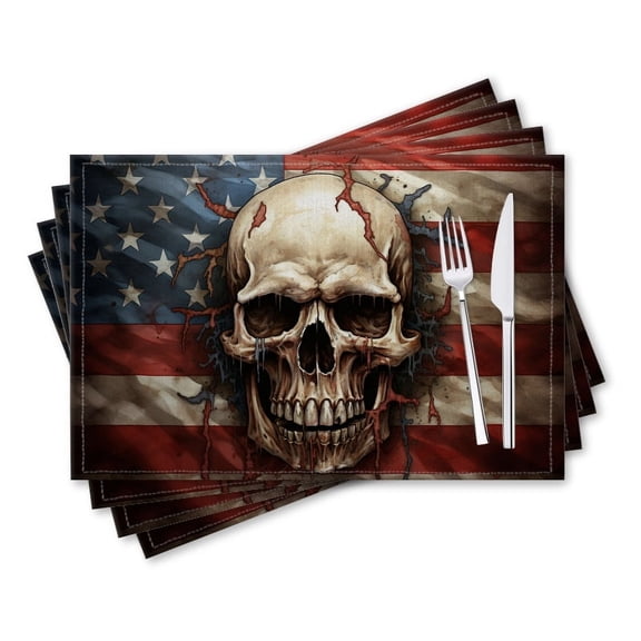 BaHomeck placemats Set of 4 rectangle Linen Cotton Placemats for Dining Table Washable Heat Resistant,18*12inch,Skull With The American Flag In The Background