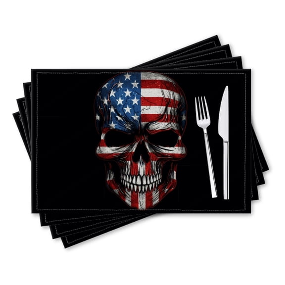 BaHomeck placemats Set of 4 rectangle Linen Cotton Placemats for Dining Table Washable Heat Resistant,18*12inch,Skull With American Flag On Black Background