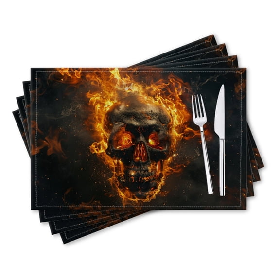 BaHomeck placemats Set of 4 rectangle Linen Cotton Placemats for Dining Table Washable Heat Resistant,18*12inch,Skull Engulfed In Flames Creating Intense And Mysterious Effect