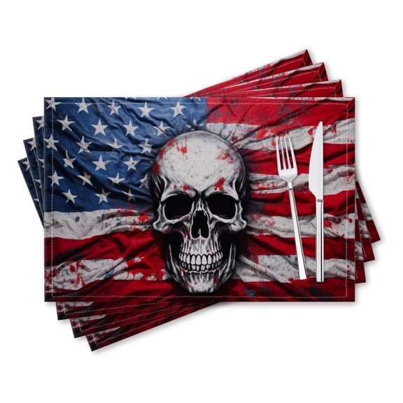 BaHomeck placemats Set of 4 rectangle Linen Cotton Placemats for Dining Table Washable Heat Resistant,18*12inch,Skull Painted On American Flag Background (2)