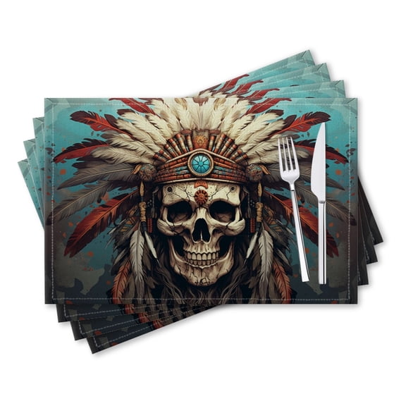BaHomeck placemats Set of 4 rectangle Linen Cotton Placemats for Dining Table Washable Heat Resistant,18*12inch,Skull Wearing Indian Headdress In The Style Of Comic Book Art