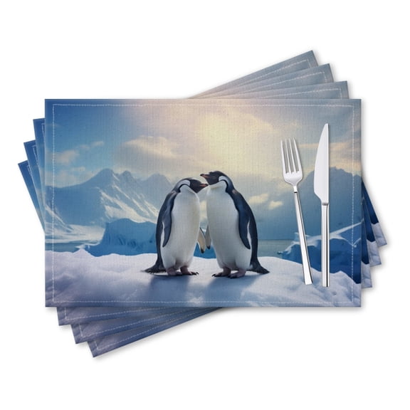 BaHomeck placemats Set of 4 rectangle Linen Cotton Placemats for Dining Table Washable Heat Resistant,18*12inch,South Pole Penguin Hold Hand Stand On Ice