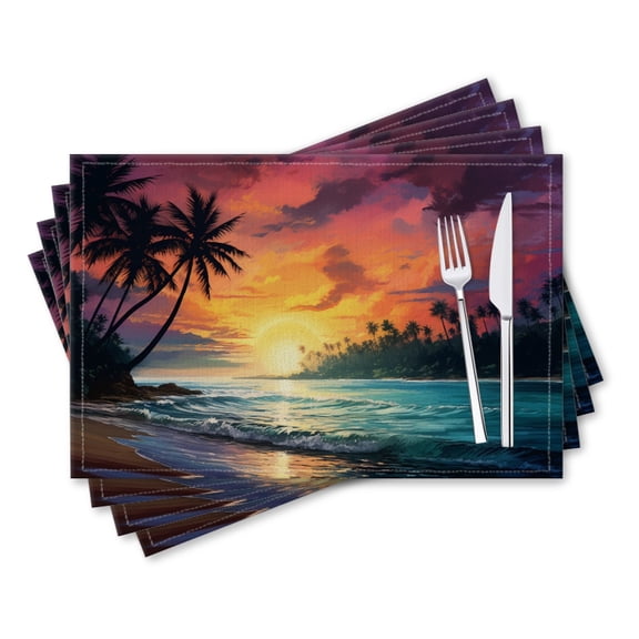 BaHomeck placemats Set of 4 rectangle Linen Cotton Placemats for Dining Table Washable Heat Resistant,18*12inch,Stunning Sunset On The Beach With Palm Trees And Waves