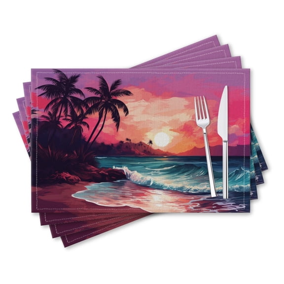 BaHomeck placemats Set of 4 rectangle Linen Cotton Placemats for Dining Table Washable Heat Resistant,18*12inch,Sunset On The Beach With Palm Trees And Waves