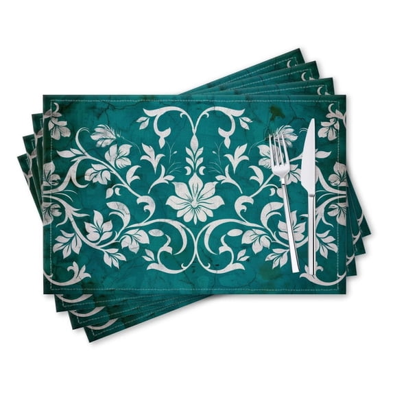 BaHomeck placemats Set of 4 rectangle Linen Cotton Placemats for Dining Table Washable Heat Resistant,18*12inch,Teal And White Damask Pattern With Floral Design