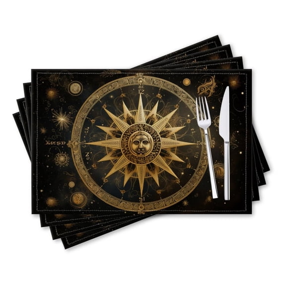 BaHomeck placemats Set of 4 rectangle Linen Cotton Placemats for Dining Table Washable Heat Resistant,18*12inch,The Golden Sun Surrounded By Zodiac Signs
