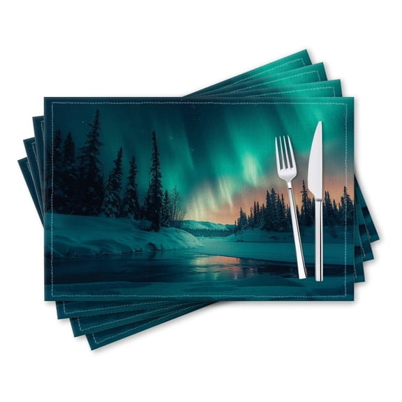 BaHomeck placemats Set of 4 rectangle Linen Cotton Placemats for Dining Table Washable Heat Resistant,18*12inch,The Northern Lights Dancing Above Snow-Covered Forests