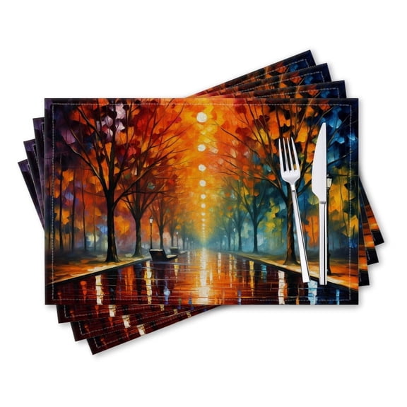 BaHomeck placemats Set of 4 rectangle Linen Cotton Placemats for Dining Table Washable Heat Resistant,18*12inch,The Trees With Colorful Leaves In The City With Wet Road