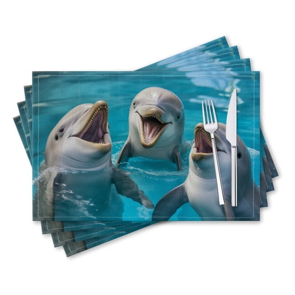 BaHomeck placemats Set of 4 rectangle Linen Cotton Placemats for Dining Table Washable Heat Resistant,18*12inch,Three Dolphins Smiling And Laughing In The Blue Pool