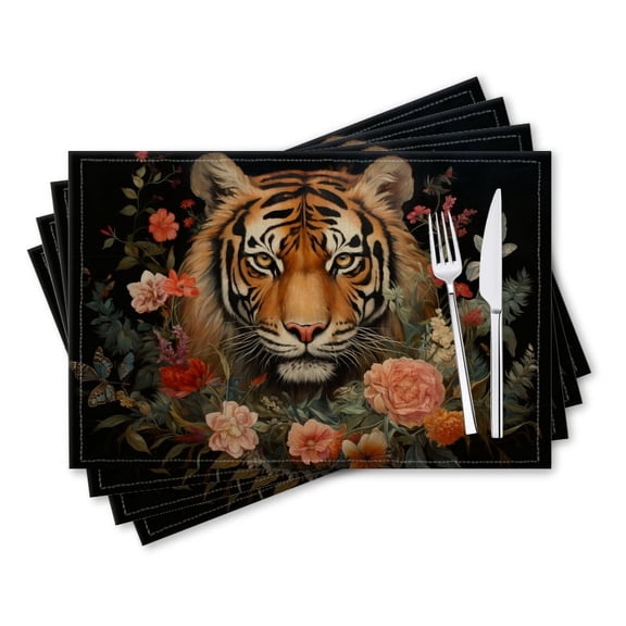 BaHomeck placemats Set of 4 rectangle Linen Cotton Placemats for Dining Table Washable Heat Resistant,18*12inch,Tiger Surrounded By Flowers And Leaves