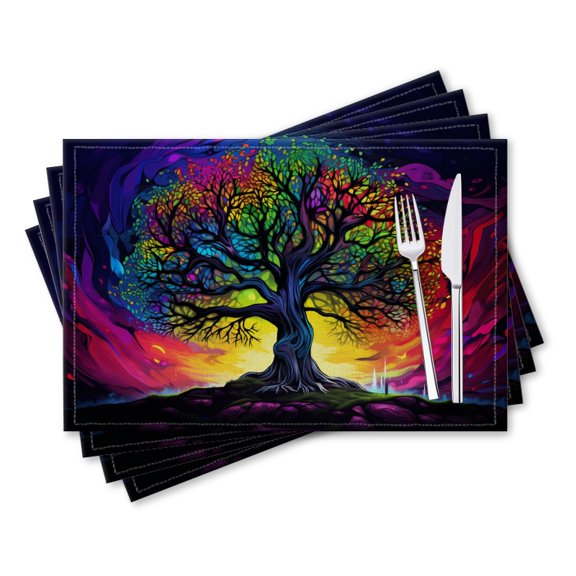 BaHomeck placemats Set of 4 rectangle Linen Cotton Placemats for Dining Table Washable Heat Resistant,18*12inch,Tree Each Branch Is Colored In The Colors Of The Rainbow