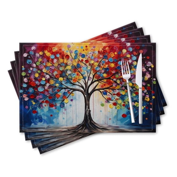 BaHomeck placemats Set of 4 rectangle Linen Cotton Placemats for Dining Table Washable Heat Resistant,18*12inch,Tree With Branches Covered In Multi-Colored Balloons