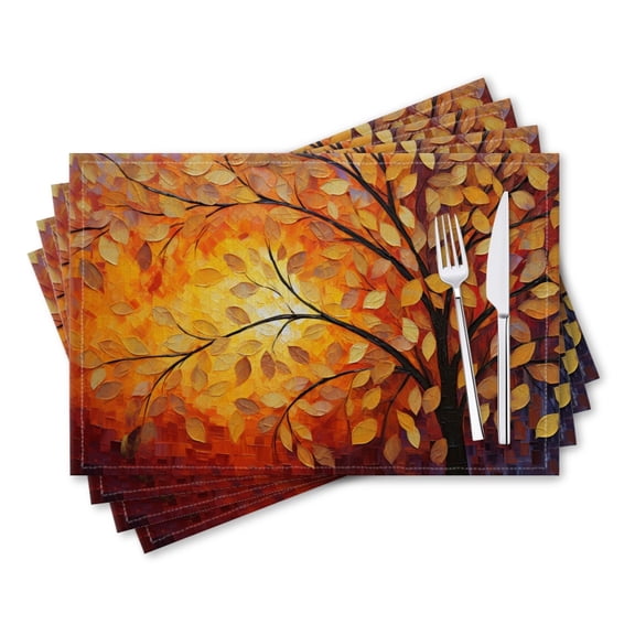 BaHomeck placemats Set of 4 rectangle Linen Cotton Placemats for Dining Table Washable Heat Resistant,18*12inch,Tree With Golden Leaves With Sunset In The Background