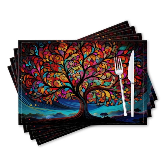 BaHomeck placemats Set of 4 rectangle Linen Cotton Placemats for Dining Table Washable Heat Resistant,18*12inch,Tree Of Life With Vibrant Colors And Swirling Leaves