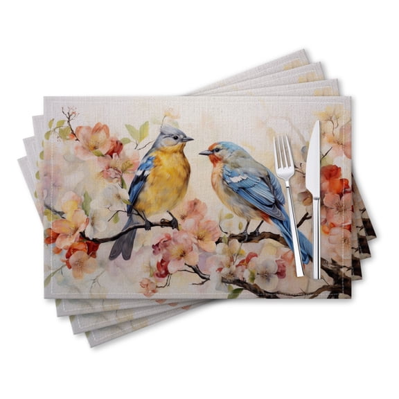 BaHomeck placemats Set of 4 rectangle Linen Cotton Placemats for Dining Table Washable Heat Resistant,18*12inch,Two Beautiful Birds Sitting On The Branches Of Blooming Flowers