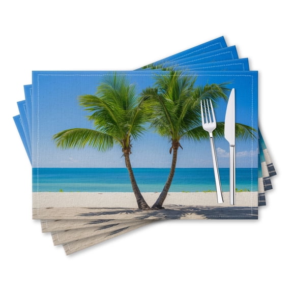 BaHomeck placemats Set of 4 rectangle Linen Cotton Placemats for Dining Table Washable Heat Resistant,18*12inch,Two Palm Trees On The Beach With Blue Sky