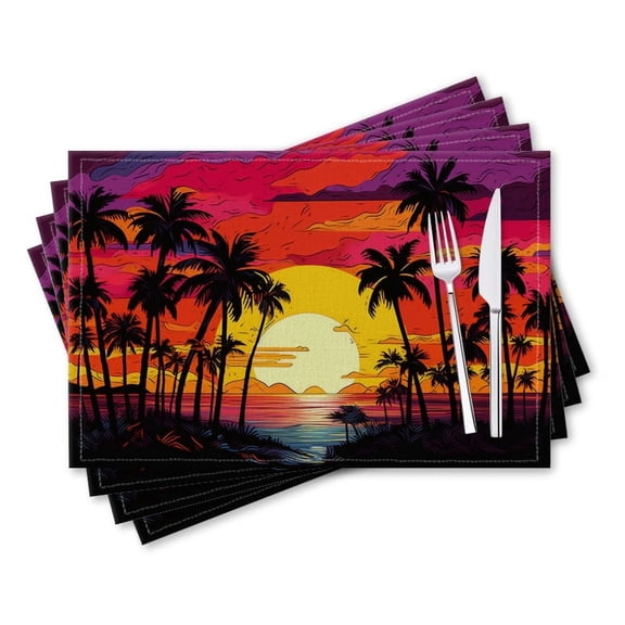 BaHomeck placemats Set of 4 rectangle Linen Cotton Placemats for Dining Table Washable Heat Resistant,18*12inch,Vector Illustration Of Sunset On The Beach With Palm Trees