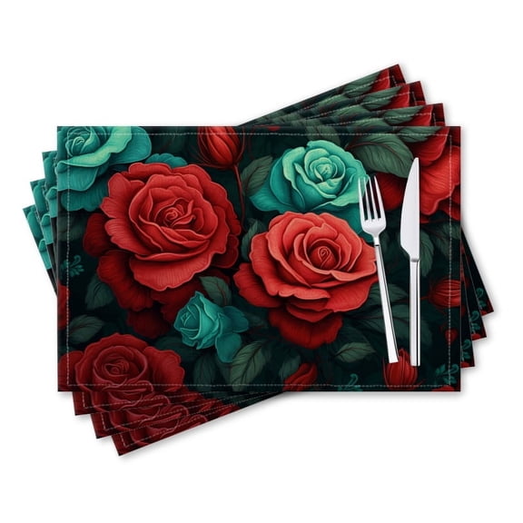 BaHomeck placemats Set of 4 rectangle Linen Cotton Placemats for Dining Table Washable Heat Resistant,18*12inch,Vector Pattern Of Red And Teal Roses In Cartoon Style