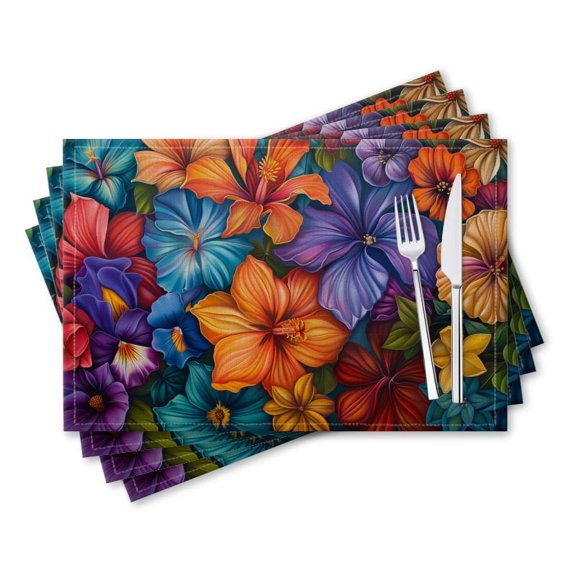 BaHomeck placemats Set of 4 rectangle Linen Cotton Placemats for Dining Table Washable Heat Resistant,18*12inch,Vibrant And Colorful Painting Of Various Hibiscus Flowers