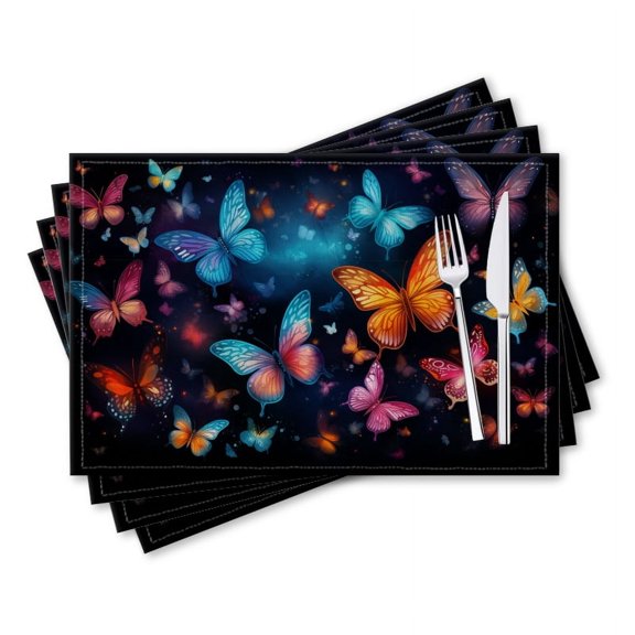 BaHomeck placemats Set of 4 rectangle Linen Cotton Placemats for Dining Table Washable Heat Resistant,18*12inch,Vibrant Display Of Colorful Butterflies Dancing In The Night Sky