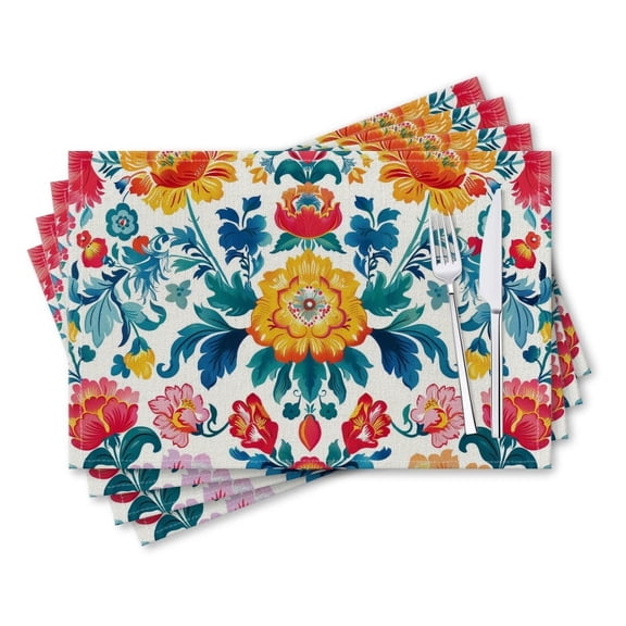 BaHomeck placemats Set of 4 rectangle Linen Cotton Placemats for Dining Table Washable Heat Resistant,18*12inch,Vibrant Floral Pattern With Traditional Polish Folk Motifs