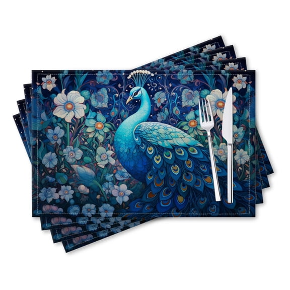 BaHomeck placemats Set of 4 rectangle Linen Cotton Placemats for Dining Table Washable Heat Resistant,18*12inch,Vibrant Oil Painting Depicting Blue Peacock In Garden Of White Flowers