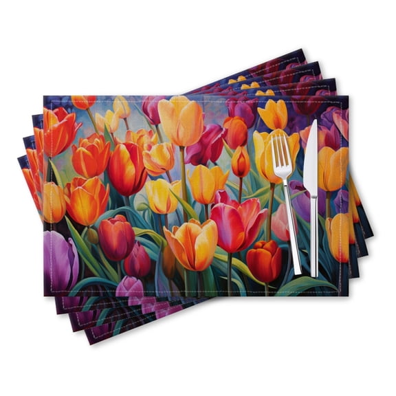 BaHomeck placemats Set of 4 rectangle Linen Cotton Placemats for Dining Table Washable Heat Resistant,18*12inch,Vibrant Painting Of Tulips In Full Bloom