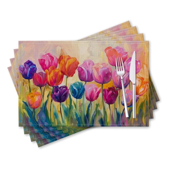BaHomeck placemats Set of 4 rectangle Linen Cotton Placemats for Dining Table Washable Heat Resistant,18*12inch,Vibrant Painting Of Tulips In Various Colors