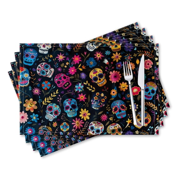 BaHomeck placemats Set of 4 rectangle Linen Cotton Placemats for Dining Table Washable Heat Resistant,18*12inch,Vibrant Pattern Of Colorful Skulls And Flowers On Black