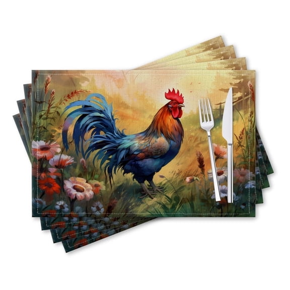 BaHomeck placemats Set of 4 rectangle Linen Cotton Placemats for Dining Table Washable Heat Resistant,18*12inch,Vibrant Rooster Standing Tall In The Center Of Idyllic Farm Scene