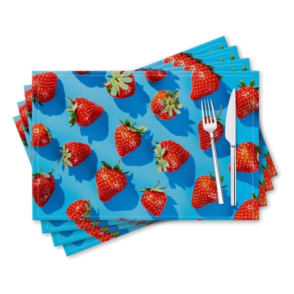 BaHomeck placemats Set of 4 rectangle Linen Cotton Placemats for Dining Table Washable Heat Resistant,18*12inch,Vibrant Strawberries Arranged In Aerial Pattern On Blue Background