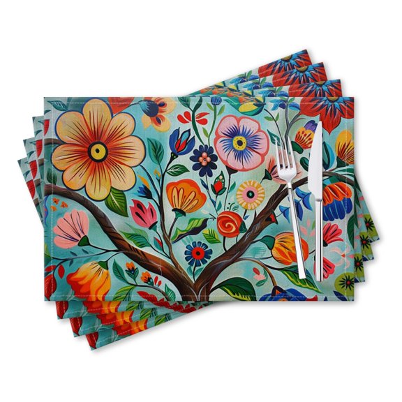 BaHomeck placemats Set of 4 rectangle Linen Cotton Placemats for Dining Table Washable Heat Resistant,18*12inch,Vibrant Tree Of Life With Colorful Flowers And Leaves