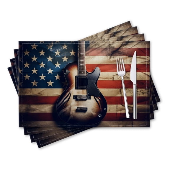 BaHomeck placemats Set of 4 rectangle Linen Cotton Placemats for Dining Table Washable Heat Resistant,18*12inch,Vintage Electric Guitar Resting Against American Flag Background