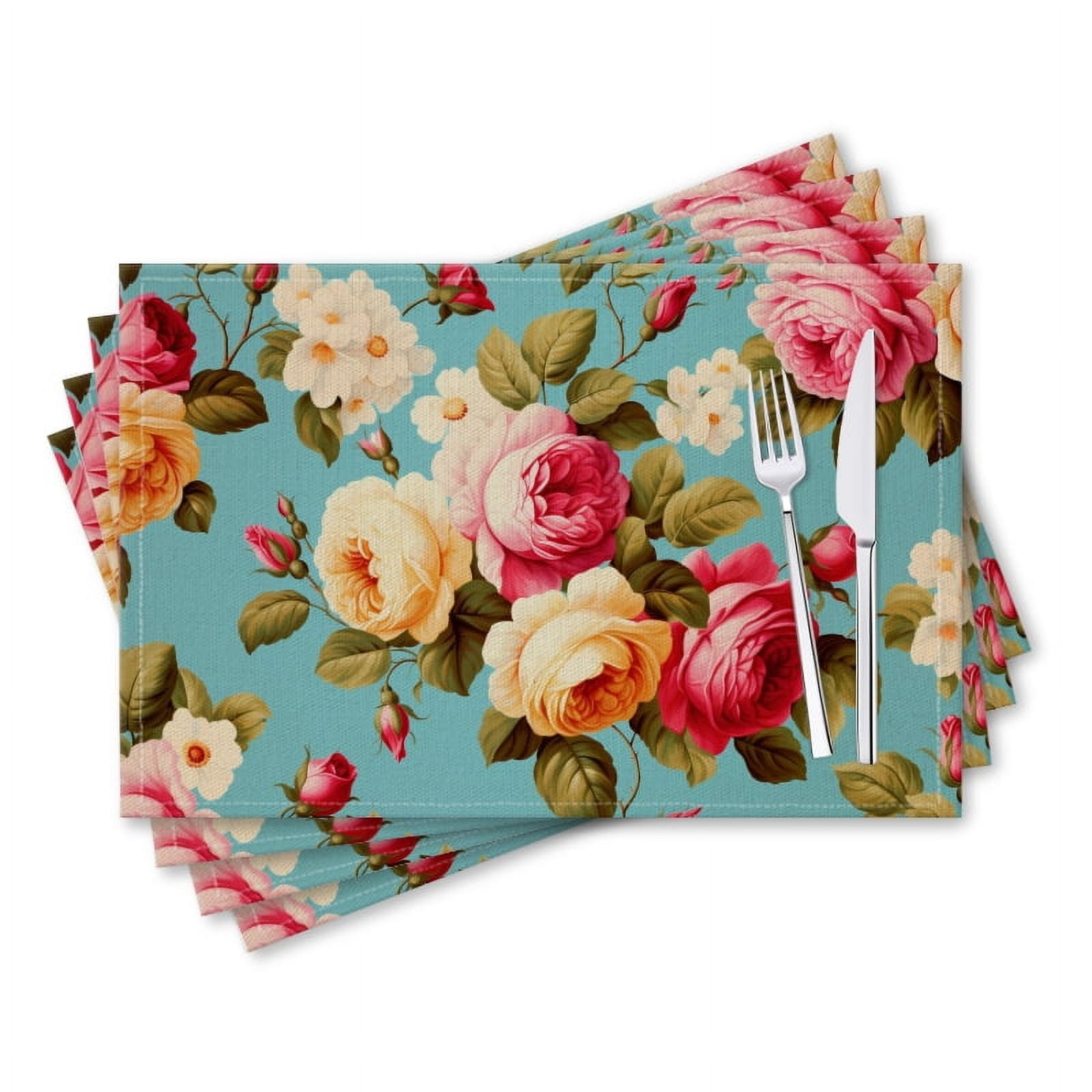BaHomeck placemats Set of 4 rectangle Linen Cotton Placemats for Dining Table Washable Heat Resistant,18*12inch,Vintage Floral Pattern With Roses On Blue Background