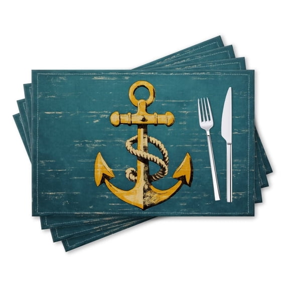 BaHomeck placemats Set of 4 rectangle Linen Cotton Placemats for Dining Table Washable Heat Resistant,18*12inch,Vintage Nautical Anchor On Blue Background