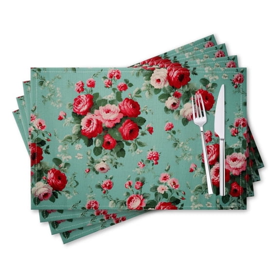 BaHomeck placemats Set of 4 rectangle Linen Cotton Placemats for Dining Table Washable Heat Resistant,18*12inch,Vintage Shabby Chic Roses Floral Pattern On Turquoise Background