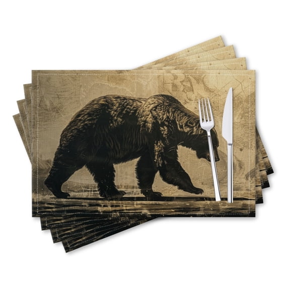BaHomeck placemats Set of 4 rectangle Linen Cotton Placemats for Dining Table Washable Heat Resistant,18*12inch,Vintage-Style Illustration Of Alaskan Grizzly Bear