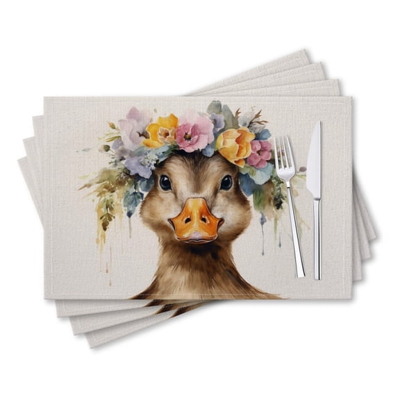 BaHomeck placemats Set of 4 rectangle Linen Cotton Placemats for Dining Table Washable Heat Resistant,18*12inch,Watercolor Painting Of Cute Duck With Flower Crown