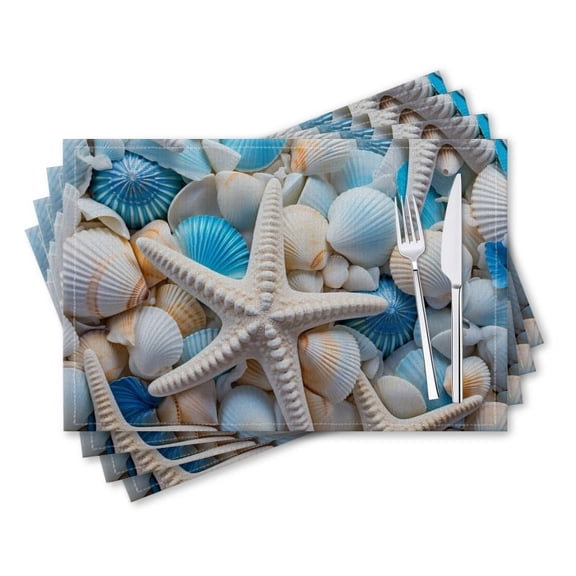 BaHomeck placemats Set of 4 rectangle Linen Cotton Placemats for Dining Table Washable Heat Resistant,18*12inch,White And Blue Seashells With Starfish Scattered