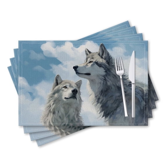 BaHomeck placemats Set of 4 rectangle Linen Cotton Placemats for Dining Table Washable Heat Resistant,18*12inch,White And Gray Wolves Looking Up At The Sky