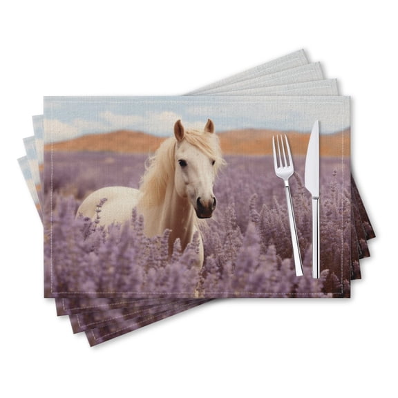 BaHomeck placemats Set of 4 rectangle Linen Cotton Placemats for Dining Table Washable Heat Resistant,18*12inch,White Horse In The Middle Of Lavender Field