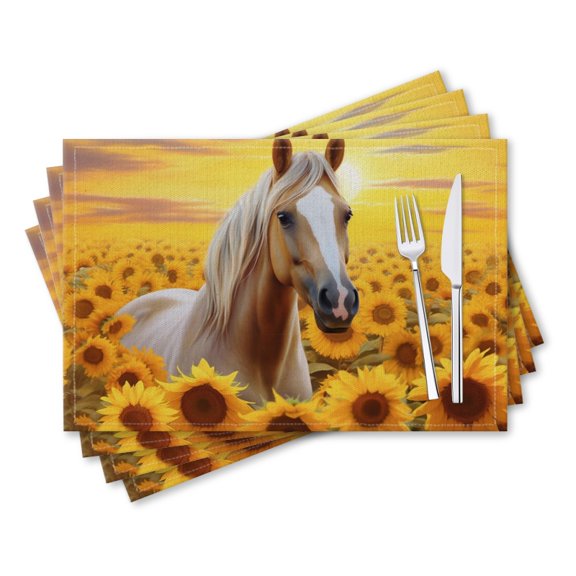 BaHomeck placemats Set of 4 rectangle Linen Cotton Placemats for Dining Table Washable Heat Resistant,18*12inch,White Horse In The Middle Of Sunflower Field During The Golden Hour